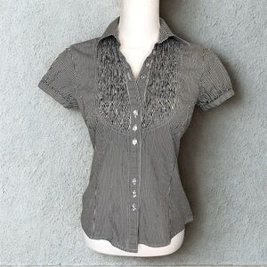 🎄🎄Andrew & Co Cap Sleeve Top Shirt Blk‎ White Stripe Women Medium Cotton Blend